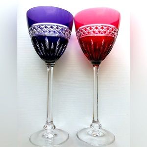 VTG Color Bohemian Cut to Clear Crystal Bell Shape Wine Glasses Amethyst & ruby
